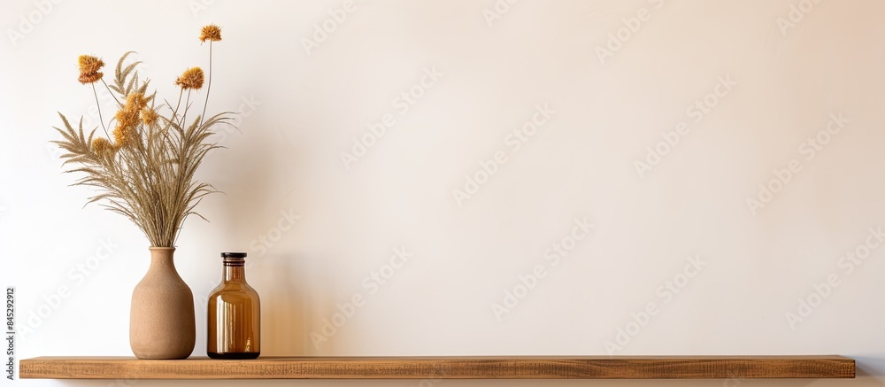 Aufkleber front view of a homemade wooden shelf displaying a potted plant and a dried flower enclosed in a bot