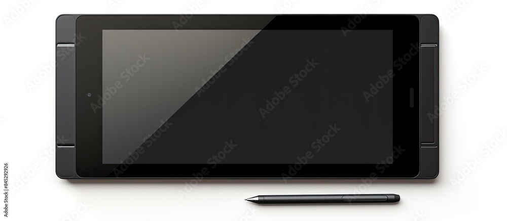 Poster a modern black tablet with a 10 4 screen is displayed on a cover along with a pen the screen is blan