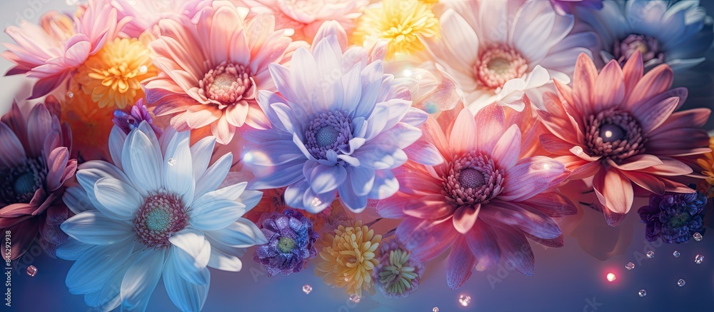 Aufkleber A captivating top view flat lay image of artificial flowers on a bright background with copy space The photo boasts vibrant colors and stunning retro light effects creating a magical and nostalgic at