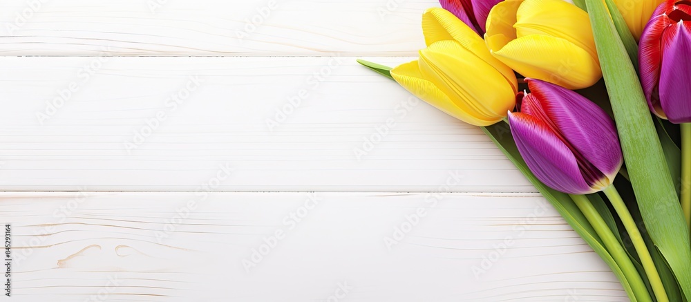 Aufkleber A colorful tulip in yellow and red hues stands beside a purple greeting card set against a backdrop of white wooden planks A copy space image is available for adding personalized text