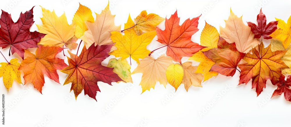 Aufkleber An exquisite border frame formed by an assortment of vibrant autumn leaves isolated on a pristine white background creating an ideal copy space image
