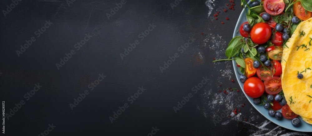 Poster top view of a colorful omelette filled with scrambled eggs and vegetables showcased on a dark blue b