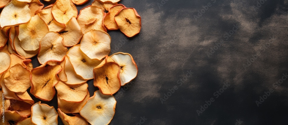 Poster A top view of organic dried apple chips arranged on a gray textile background creating an image that showcases the natural and healthy aspect of the food Flat lay presentation with ample copy space