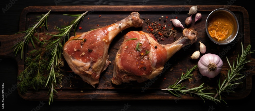 Aufkleber copy space image of raw duck legs seasoned with rosemary spices and olive oil displayed on a cutting