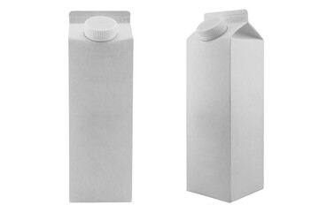 Milk box or juice box carton packages Blank white. Paper cardboard brick package for beverage diary products. Retail package mockup isolated on white background