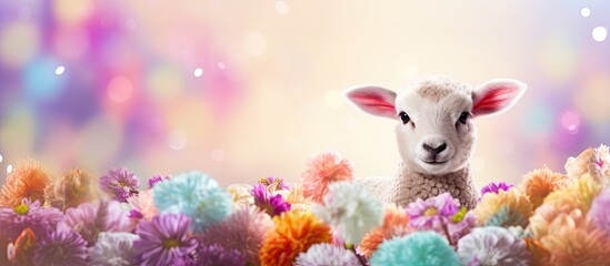 Copy space image of a festive Easter background adorned with colorful Easter eggs a delightful lamb...