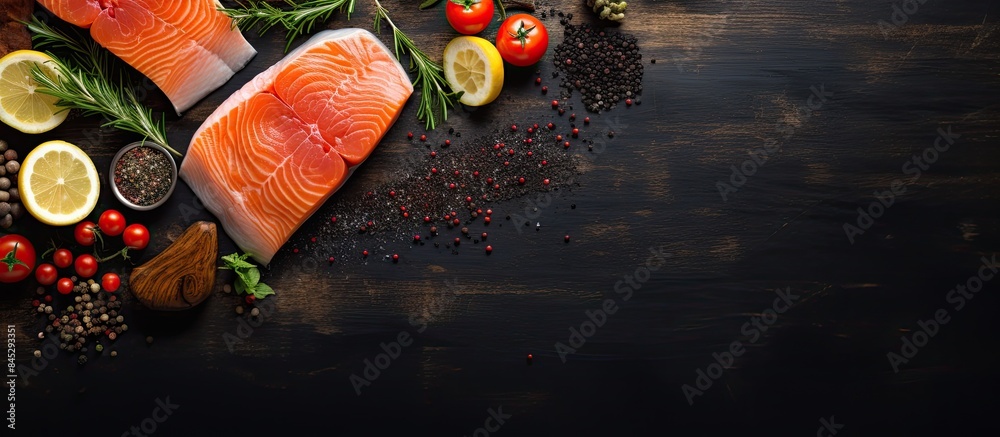 Poster On a black background there is a fresh salmon steak placed next to sea salt pepper and lemon slices on a cutting board The top view of this scene provides ample copy space for additional content