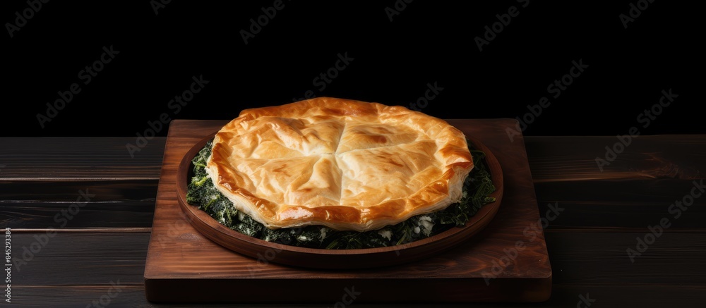 Aufkleber the greek pie spanakopita consisting of spinach and cheese is beautifully presented on a wooden boar