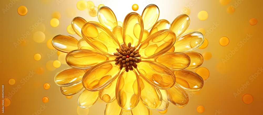 Poster A high resolution copy space image of cod liver oil capsules arranged in the shape of a flower on a yellow background giving a healthcare concept