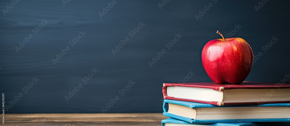 Poster The copy space image shows a stack of books with a red apple on top symbolizing the return to school learning teaching and literacy The alarm bells add to the concept of getting back to school The ch