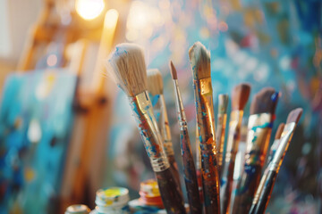 Fototapeta premium Paintbrushes are arranged neatly in an artist's studio, surrounded by a blurred background of canvases and colorful paints. A closeup shot highlights the bristles and handles of th