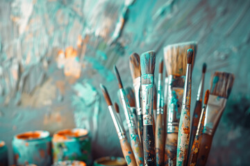 Fototapeta premium A collection of paintbrushes is arranged in an artist's studio, with a blurred background canvases and pots of paint. The closeup shot brings the brushes into focus, highlighting t