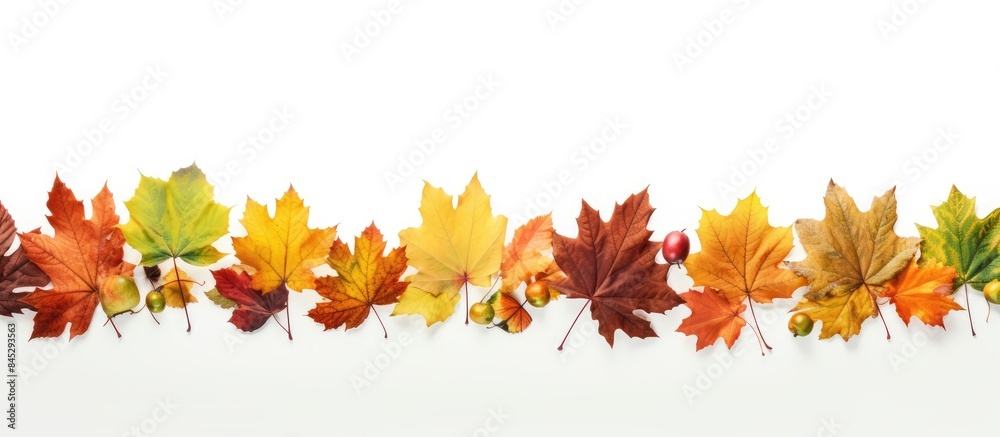 Poster A vibrant border decoration adorned with colorful autumn leaves displaying hues of yellow green and brown set against a pristine white background with ample copy space image