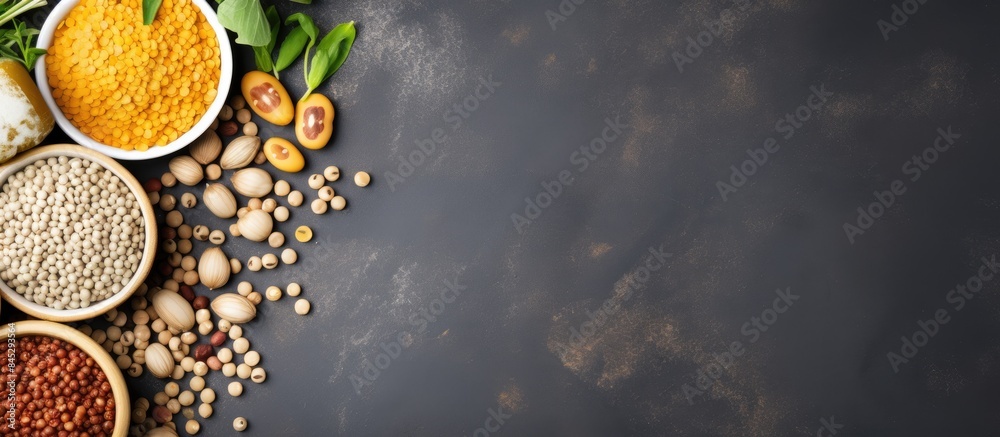 Poster top view of raw moong dal legumes placed on a grey concrete surface with ample copy space for your t