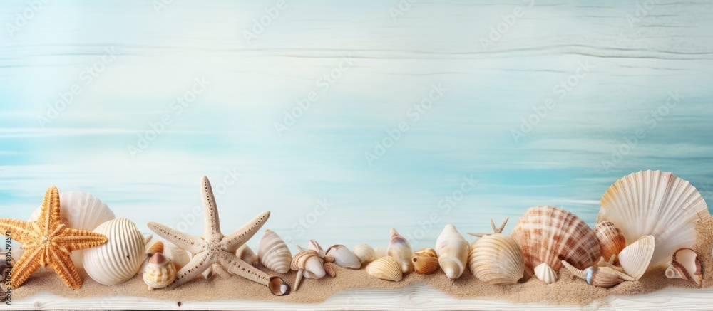 Poster A seaside themed backdrop with a wooden texture and a border made of seashells starfish scallops and tiny bottles ideal for copy space image
