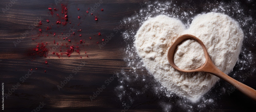 Aufkleber Top view of a dark table with a heart made of flour along with the text Cook and a rolling pin It serves as a baking background image with copy space