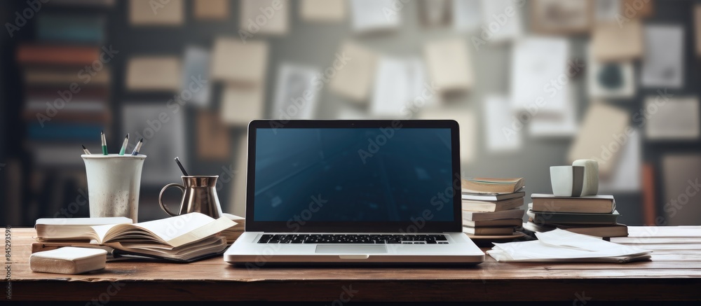Poster A modern laptop complete with office equipment sits on a table Its screen is blank providing ample copy space for your internet content There are also paper documents and diagrams scattered on the wo