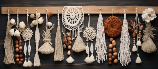 Eco friendly macrame decorations made with natural materials like cotton thread and wood beads...