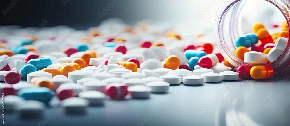 Aufkleber A vibrant array of pills is strewn across a tabletop having spilled from a plastic bottle A stack of opened medication is displayed against a backdrop of textured white paper The image is captured in