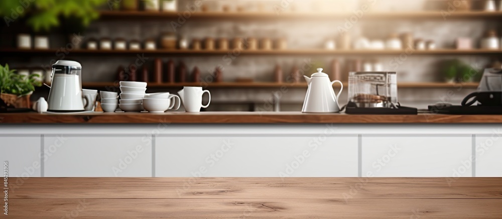 Poster a modern restaurant or coffee shop with a wooden table in the background and an empty space on the t