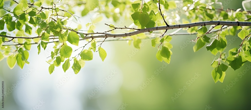 Poster Close up of birch branches with luscious green foliage creating a stunning background of blurred bokeh sun glare and ample copy space for text