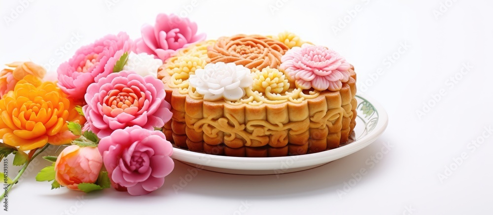 Poster a vibrant mooncake adorned with colorful flowers a traditional chinese treat is showcased on a white