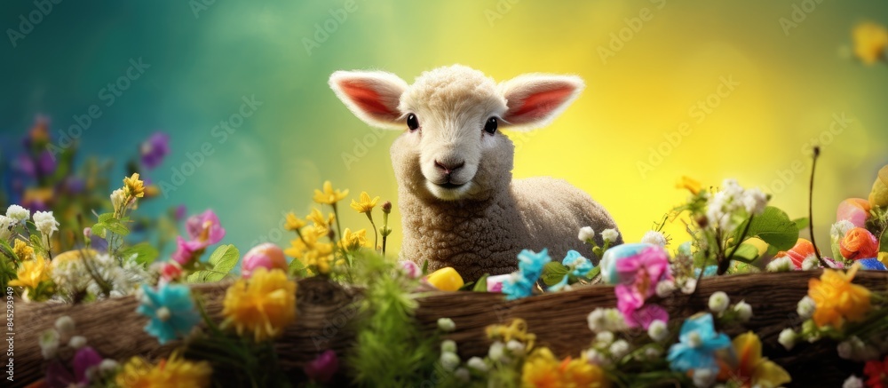 Poster copy space image of a festive easter background adorned with colorful easter eggs a delightful lamb 