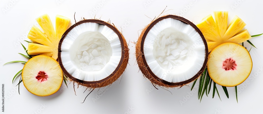 Aufkleber Top view of two coconut halves filled with yogurt and exotic fruits placed on a white background creating a visually appealing copy space image