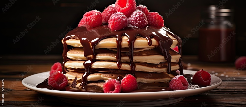 Poster copy space image of a rustic wooden table adorned with homemade pancakes topped with fresh raspberri