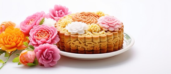 A vibrant mooncake adorned with colorful flowers a traditional Chinese treat is showcased on a white background with border for text placement. Creative banner. Copyspace image