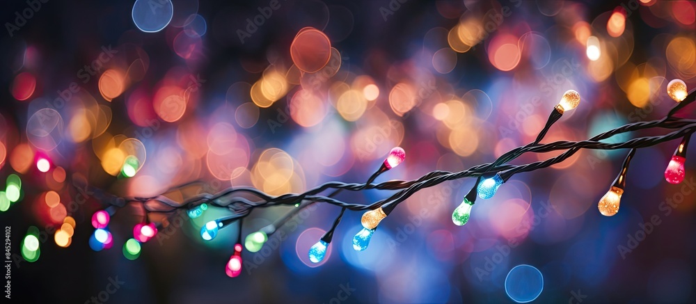 Leinwandbilder colorful christmas garlands with bright blurry textures form a multi colored bokeh against a black b