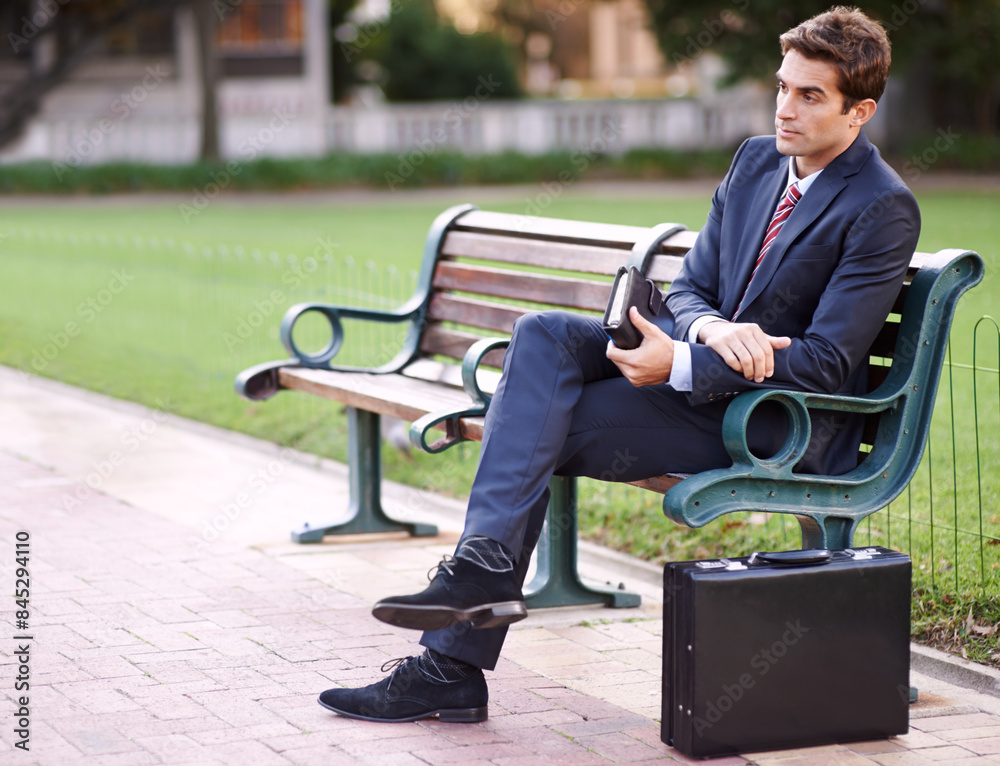 Sticker Businessman, thinking and bench with briefcase in park for relaxing, waiting or fresh air in morning. Professional person, sitting and planning for day with vision, idea or rest in nature on mockup