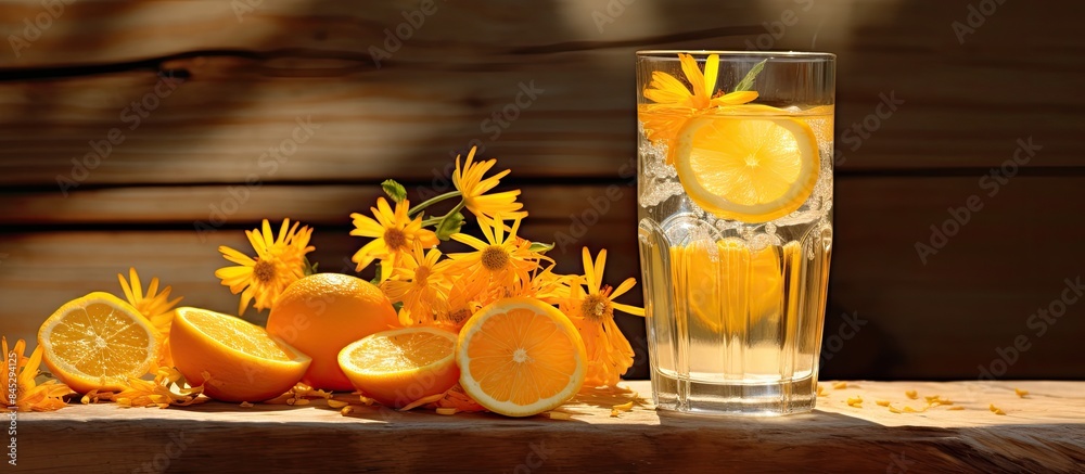 Poster wooden table with a copy space image showcases a cool and invigorating drink made with lemonade oran