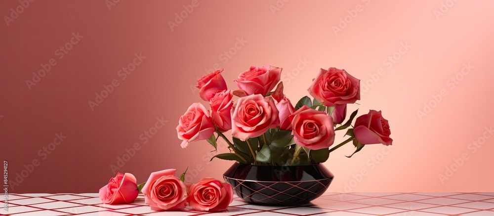 Fototapete A visually appealing product display with vibrant roses and elegant geometric patterns on a pink table creating a captivating copy space image