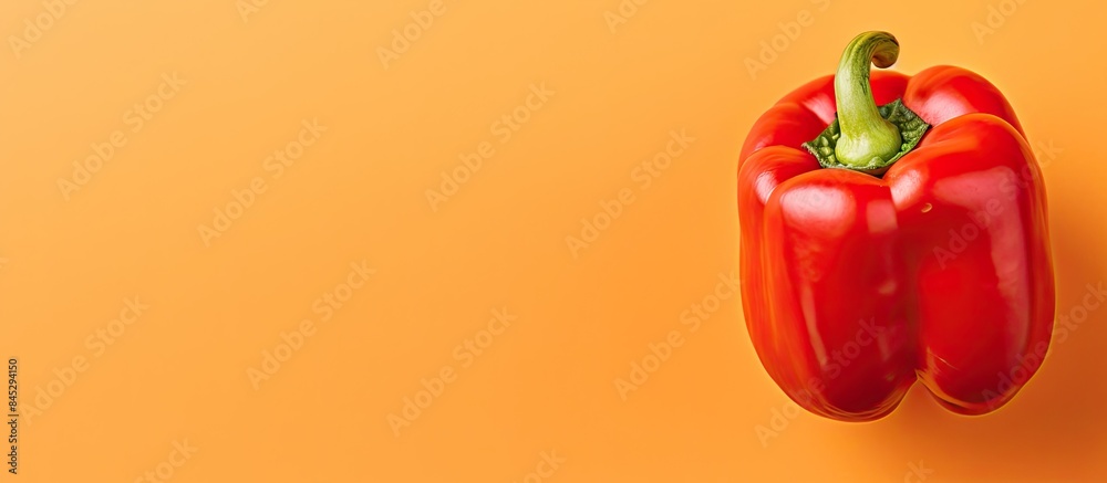Poster A millennial man is holding a red bell pepper on an orange background creating a healthy eating concept The image has a close up view with an empty area for text or other elements. Creative banner