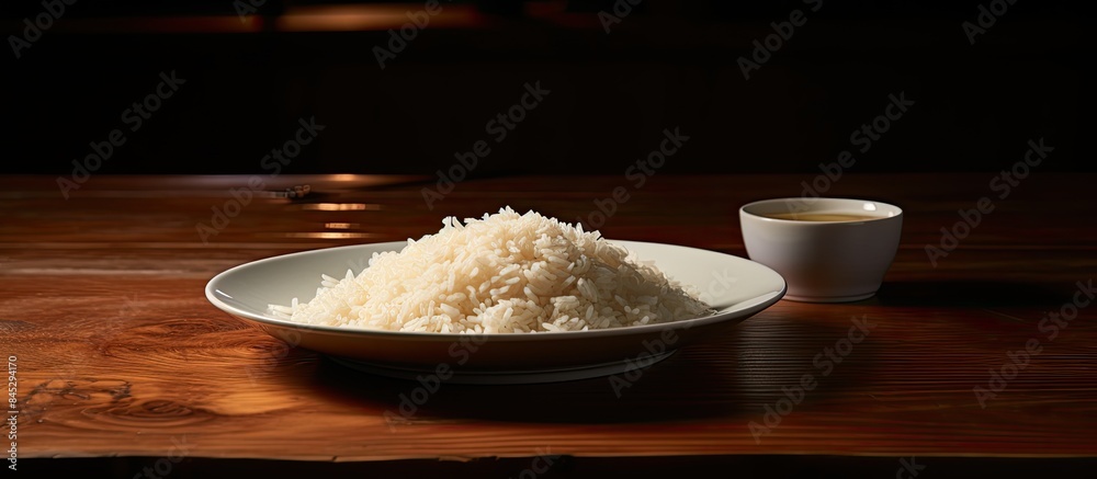 Poster ready to be eaten the rice is displayed in a white square dish on a dark wooden table illuminated by