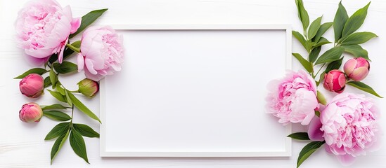 A white background hosts an empty wooden picture frame accompanied by fresh peonies This flower composition is suitable for various occasions like birthdays weddings and Mother s Day The flat lay pro
