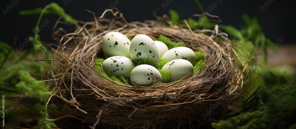 Poster easter concept background with a bird nest filled with green eggs and one white egg the image is per