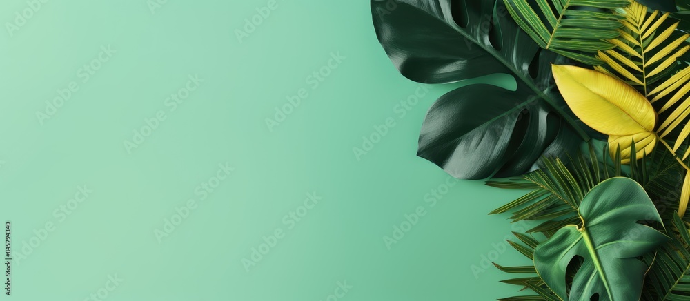 Aufkleber minimal summer concept with a creative layout of green tropical leaves on a colored background this 