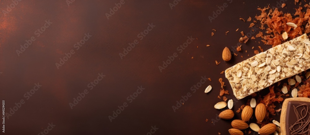 Poster a typical spanish snack featuring slices of homemade seed bread accompanied by a chocolate bar captu