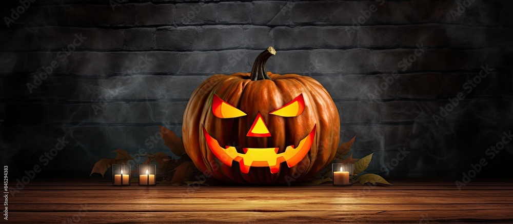 Aufkleber a halloween celebration with a pumpkin adorned with a carved face placed on a wooden table against a