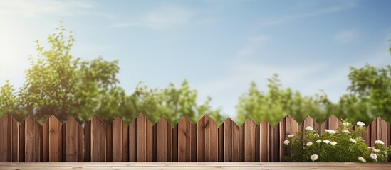 Fototapeta premium On a sunny day there is a wooden fence in the background with unpainted boards The scene is well suited for a copy space image 147 characters