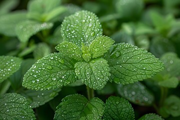 Fresh Dew on Mint Leaves in a Green Garden - perfect for Nature, Wellness, and Herbal Themes
