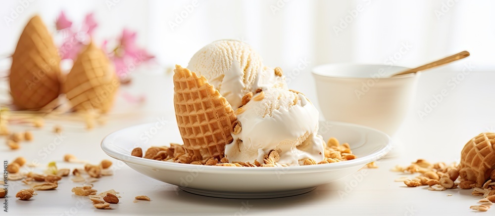 Poster a white plate holds a copy space image of peanut butter banana ice cream scoops presented in a white
