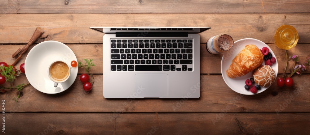 Poster From an aerial perspective there s a pleasing composition of a keyboard and a breakfast spread on a wooden table creating a copy space image