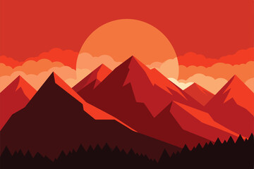 Beautiful mountain panoramic landscape at sunrise. Stunning landscape of a red sunset over the silhouettes of mountains and peaks. Amazing vector illustration