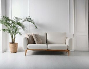 白い部屋に置かれたソファと観葉植物