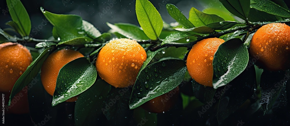 Poster the dark background showcases a plethora of orange tangerines with vibrant green leaves viewed from 