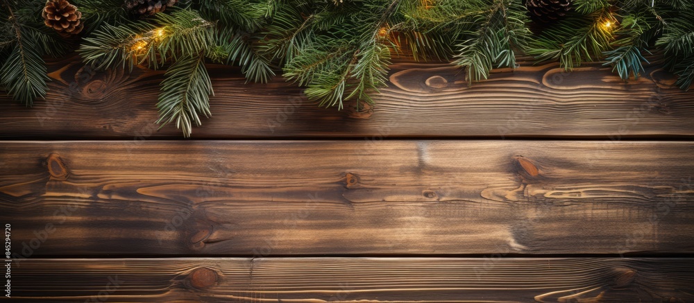 Aufkleber A festive New Year s background with spruce branches and ornaments on a wooden table creating a charming Christmas atmosphere A perfect copy space image for the holiday season