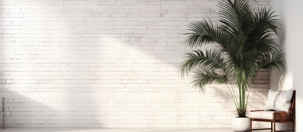 Aufkleber A palm tree is positioned alongside a folding screen and pouf creating a stylish arrangement next to a white brick wall The composition offers plenty of copy space for images